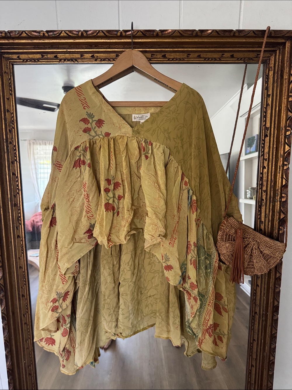 Boho V-Neck Floral Tunic Top in Olive Green